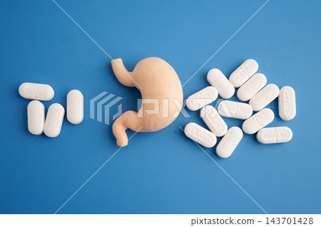 Bangkok, Thailand September 25, 2026 Stomach human model with pill drug treatment. Bangkok, Thailand September 25, 2026 Stomach human model with pill drug treatment. 143701428