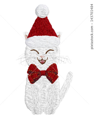 [White cat Santa Claus with a ribbon] Hand-embroidered illustration material 143701484