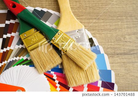 Color palette guide catalog with brush tools for paint house. Color palette guide catalog with brush tools for paint house. 143701488