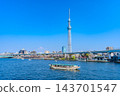 Springtime Tokyo: A spring scene adorned with the Sumida River, Tokyo Skytree, houseboats, and cherry blossoms. 143701547
