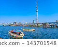 A springtime scene of Tokyo with the Sumida River, Tokyo Skytree, and pleasure boats passing by. 143701548