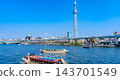 A spring scene adorned with the Sumida River, Tokyo Skytree, houseboats, and cherry blossoms. 143701549