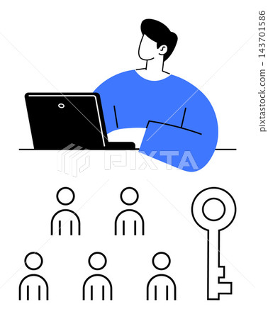 Cybersecurity, access control, digital protection, user roles, online privacy, data management. A man works on a laptop, alongside user group icons and a key. Cybersecurity and access control theme Cybersecurity, access control, digital protection, user roles, online privacy, data management. A man works on a laptop, alongside user group icons and a key. Cybersecurity and access control theme 143701586
