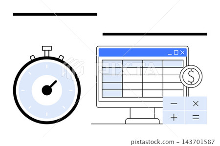Productivity tools, time management, financial planning, budgeting, accounting, digital tools. A stopwatch and a computer screen displaying a financial table with icons. Time management and financial 143701587