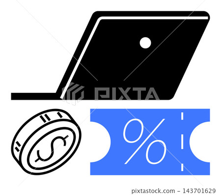 E-commerce, digital payments, discounts, financial transactions, online deals, sale promotions. Laptop with a coin and a percentage symbol on a ticket. E-commerce and digital payments concept E-commerce, digital payments, discounts, financial transactions, online deals, sale promotions. Laptop with a coin and a percentage symbol on a ticket. E-commerce and digital payments concept 143701629