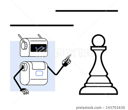 Artificial intelligence, strategy games, decision-making, problem-solving, robotics, human-machine interaction. A robot pointing at a chess pawn. Artificial intelligence and strategy games concept Artificial intelligence, strategy games, decision-making, problem-solving, robotics, human-machine interaction. A robot pointing at a chess pawn. Artificial intelligence and strategy games concept 143701630