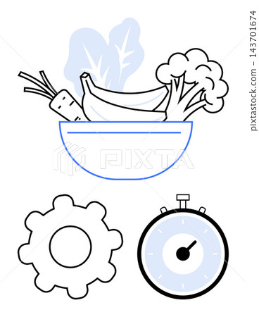 Healthy living, meal planning, time management, productivity, nutrition, dieting. Bowl of vegetables above gear and stopwatch icons. Healthy living and meal planning concept 143701674