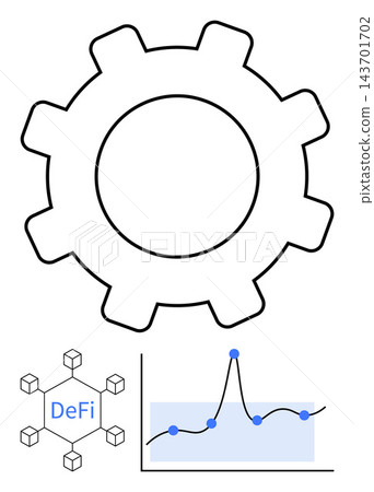Blockchain, decentralized finance, fintech innovation, cryptocurrency analytics, financial growth, data visualization. Gear, DeFi network structure financial chart with data points. Decentralized 143701702