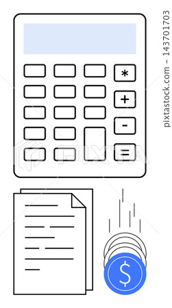 Budget management, accounting, financial analysis, income planning, expense tracking, tax preparation. Features a calculator, documents and falling coins icon. Budget management and accounting Budget management, accounting, financial analysis, income planning, expense tracking, tax preparation. Features a calculator, documents and falling coins icon. Budget management and accounting 143701703
