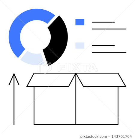 Logistics, business analytics, transportation, shipping process, distribution, data tracking. Pie chart with data points and an open box. Logistics and business analytics visualization Logistics, business analytics, transportation, shipping process, distribution, data tracking. Pie chart with data points and an open box. Logistics and business analytics visualization 143701704