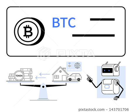 Cryptocurrency, blockchain transactions, decentralized economy, token value exchange, fintech education, digital assets. Bitcoin symbol, robot balance scale digital assets. Cryptocurrency Cryptocurrency, blockchain transactions, decentralized economy, token value exchange, fintech education, digital assets. Bitcoin symbol, robot balance scale digital assets. Cryptocurrency 143701706
