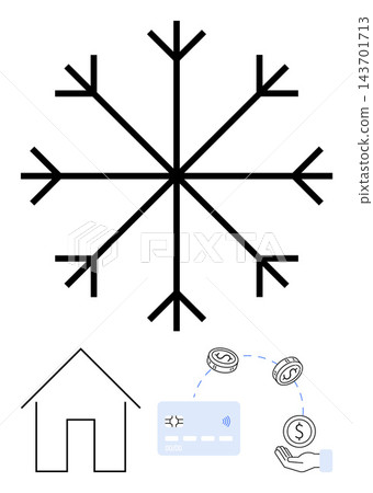 Sustainability, winter services, energy savings, finance, eco-friendly decisions, home management. Snowflake symbol with house outline, money transfer and credit card icons. Winter services 143701713