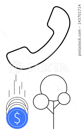 Communication, finance, environment, economic impact, green growth, sustainability. A phone receiver, falling coins and a tree icon. Communication and finance concepts with modern economic 143701714