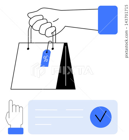 Online shopping, e-commerce, digital payments, discounts, retail marketing, order confirmation. A hand holds a shopping bag with a discount tag, and a digital payment system with a confirmation mark Online shopping, e-commerce, digital payments, discounts, retail marketing, order confirmation. A hand holds a shopping bag with a discount tag, and a digital payment system with a confirmation mark 143701715