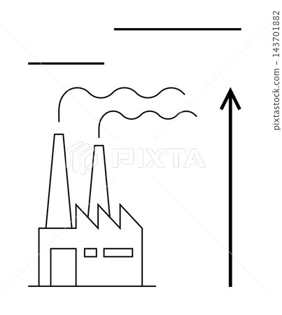 Economic development, pollution increase, industrial output, environment impact, factories growth, global production trends. Factory with chimneys emitting smoke and upward arrow. Economic Economic development, pollution increase, industrial output, environment impact, factories growth, global production trends. Factory with chimneys emitting smoke and upward arrow. Economic 143701882