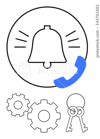 Communication systems, notifications, cybersecurity, workflow optimization, alert mechanisms, access control. Icon of a ringing bell, gears keys and a phone symbol. Notifications and cybersecurity Communication systems, notifications, cybersecurity, workflow optimization, alert mechanisms, access control. Icon of a ringing bell, gears keys and a phone symbol. Notifications and cybersecurity 143701883