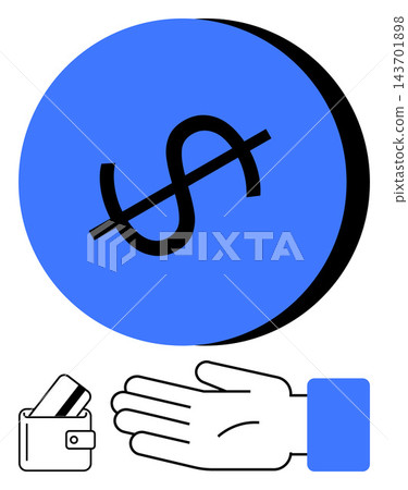 Digital payments, no-cash economy, e-commerce, online security, financial management, economic concepts. Blue symbol with crossed dollar sign, wallet with credit cards and open hand. Digital Digital payments, no-cash economy, e-commerce, online security, financial management, economic concepts. Blue symbol with crossed dollar sign, wallet with credit cards and open hand. Digital 143701898