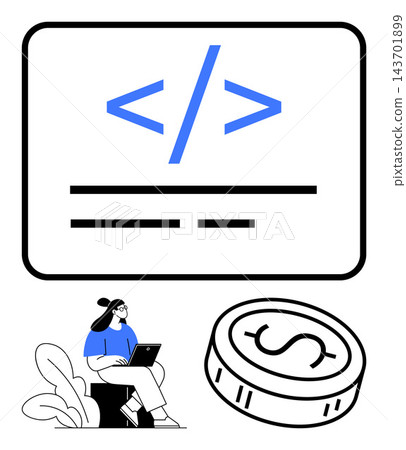 Web development, digital economy, technology jobs, software programming, online earning, freelancing. Visual of coding symbols, coin and a programmer with a laptop. Web development and digital 143701899