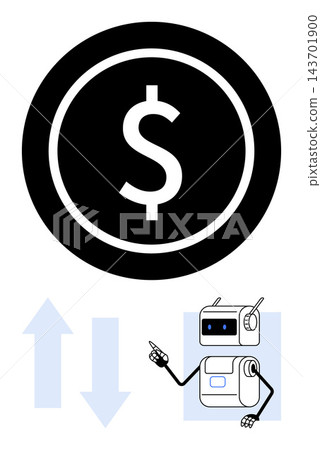 Finance, artificial intelligence, market trends, digital economy, automation, analytics. Dollar currency symbol, arrows robot interacting. Finance and artificial intelligence concepts Finance, artificial intelligence, market trends, digital economy, automation, analytics. Dollar currency symbol, arrows robot interacting. Finance and artificial intelligence concepts 143701900