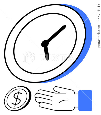 Business planning, time management, budgeting, efficiency, investment, wealth growth. Illustration of a clock, coin and a hand. Time management and financial savings concepts Business planning, time management, budgeting, efficiency, investment, wealth growth. Illustration of a clock, coin and a hand. Time management and financial savings concepts 143701913