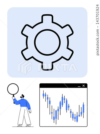 Analytics, financial data, decision-making, technology, innovation, technical automation. Gear icon, candlestick graph individual with sign. Analytics and financial data concepts illustrated Analytics, financial data, decision-making, technology, innovation, technical automation. Gear icon, candlestick graph individual with sign. Analytics and financial data concepts illustrated 143701924