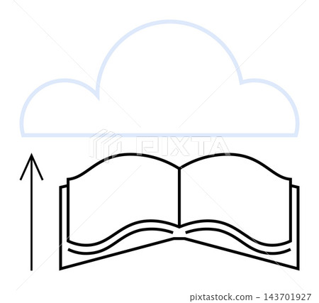 E-learning, data backup, cloud storage, knowledge sharing, digital archives, education systems. Outline of an open book with an arrow pointing to a cloud. E-learning and data backup concept E-learning, data backup, cloud storage, knowledge sharing, digital archives, education systems. Outline of an open book with an arrow pointing to a cloud. E-learning and data backup concept 143701927