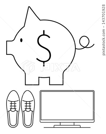 Financial planning, budgeting, consumption habits, personal savings, cost reduction, smart shopping. Piggy bank with dollar symbol, shoes and television. Financial planning and budgeting theme Financial planning, budgeting, consumption habits, personal savings, cost reduction, smart shopping. Piggy bank with dollar symbol, shoes and television. Financial planning and budgeting theme 143701928