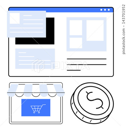 E-commerce, online shopping, digital payments, web design, transaction process, business management. Visual elements include a webpage layout, storefront with shopping cart and coin. E-commerce 143701952