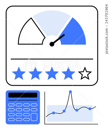 Business analytics, customer satisfaction, data evaluation, productivity scoring, ratings, performance tracking. A gauge with stars, calculator and graph. Business analytics and customer Business analytics, customer satisfaction, data evaluation, productivity scoring, ratings, performance tracking. A gauge with stars, calculator and graph. Business analytics and customer 143701964