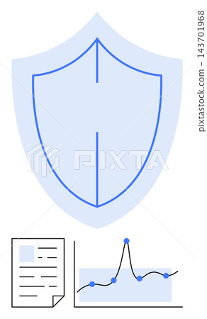 Cybersecurity, data protection, business analytics, secure information, risk management, online safety. Blue shield with document and graph. Cybersecurity and data protection Cybersecurity, data protection, business analytics, secure information, risk management, online safety. Blue shield with document and graph. Cybersecurity and data protection 143701968