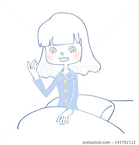 一幅描繪女性醒來後感到頭暈的插圖。 一幅描繪女性醒來後感到頭暈的插圖。 143702112