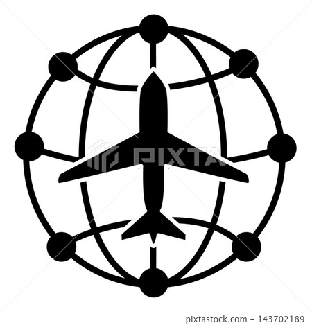 Airplane with network connections icon. Global aviation network and airplane connection sign. Worldwide flight connection and transportation network symbol. flat style. 143702189