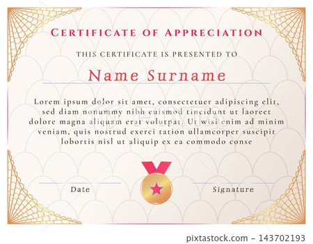 Certificate of appreciation, classic decorated vector template. Festive elegant award diploma design with golden border, decorative frame and gold medal Certificate of appreciation, classic decorated vector template. Festive elegant award diploma design with golden border, decorative frame and gold medal 143702193