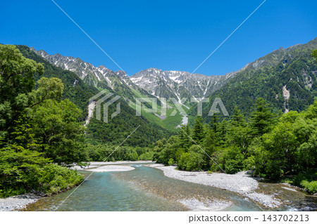 Azusa River and mountain view along Kamikochi trail, Japan Azusa River and mountain view along Kamikochi trail, Japan 143702213