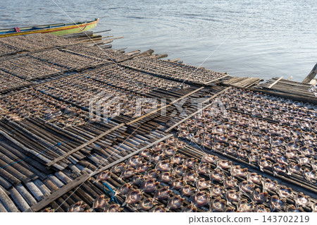 Drying fish on traditional floating house, Lake Tempe, Indonesia 143702219