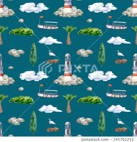 Hand-drawn watercolor seamless pattern with a coastal landscape theme with a lighthouse, boat, egret on rocks, palm tree, cypress, and clouds on a dark teal blue background. For nautical textile Hand-drawn watercolor seamless pattern with a coastal landscape theme with a lighthouse, boat, egret on rocks, palm tree, cypress, and clouds on a dark teal blue background. For nautical textile 143702252