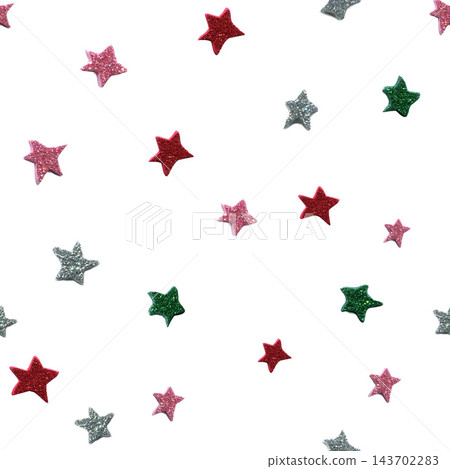Christmas seamless pattern with glitter stars isolated on white background. Festive colorful red, pink, green and silver stars collage. Christmas seamless pattern with glitter stars isolated on white background. Festive colorful red, pink, green and silver stars collage. 143702283