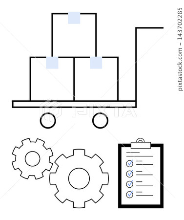 Logistics, inventory control, process optimization, workflow management, supply distribution, business operations. A cart with boxes, checklist and gears. Logistics and inventory control visuals Logistics, inventory control, process optimization, workflow management, supply distribution, business operations. A cart with boxes, checklist and gears. Logistics and inventory control visuals 143702285