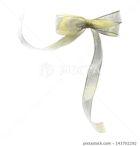 Silver and gold metallic sheer ribbon bow isolated on white background. Elegant festive organza bow for Christmas gift box decor. Silver and gold metallic sheer ribbon bow isolated on white background. Elegant festive organza bow for Christmas gift box decor. 143702292