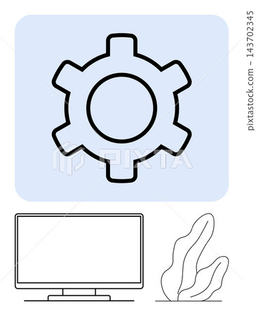 Technology, settings, mechanics, digital interfaces, organization, minimalism. Gear icon in blue box above a minimalist monitor and plant. Technology and settings concept for various applications Technology, settings, mechanics, digital interfaces, organization, minimalism. Gear icon in blue box above a minimalist monitor and plant. Technology and settings concept for various applications 143702345