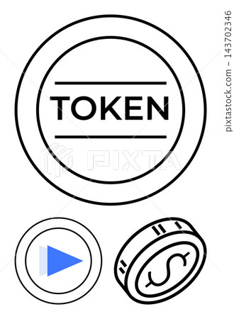 Cryptocurrency, blockchain, digital assets, online payment, financial technology, gaming tokens. Line art coin illustrations token, play button and dollar symbols. Cryptocurrency and blockchain Cryptocurrency, blockchain, digital assets, online payment, financial technology, gaming tokens. Line art coin illustrations token, play button and dollar symbols. Cryptocurrency and blockchain 143702346