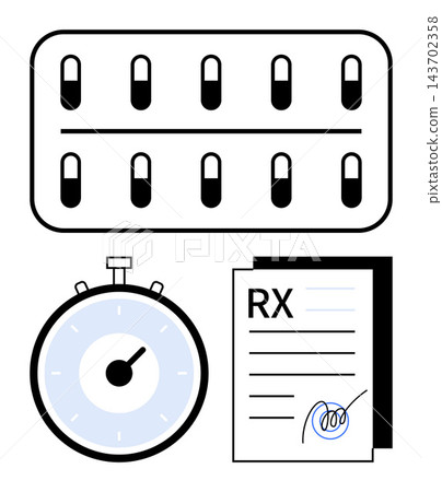Healthcare, medication management, time tracking, prescription adherence, pharmacy, medical records. Pill blister pack, stopwatch signed prescription document. Medication management and time Healthcare, medication management, time tracking, prescription adherence, pharmacy, medical records. Pill blister pack, stopwatch signed prescription document. Medication management and time 143702358