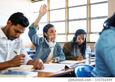 University, questions or woman with hand up in classroom for exam, test or help with school project. Education, learning and student with palm sign for attention in college, presentation or lecture 143702444