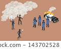 3D Isometric Flat Vector Illustration of Extremism, Angry Protesters Clash With Police, Molotov Cocktails And Shields 143702528