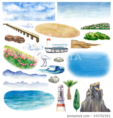 Watercolor sea holidays clipart set with lighthouse, boat, mountains, waves and nature elements on a isolated background. For creating custom summer landscapes, travel banners, map design, and Watercolor sea holidays clipart set with lighthouse, boat, mountains, waves and nature elements on a isolated background. For creating custom summer landscapes, travel banners, map design, and 143702561