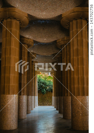 Mosaic ceiling domes and Doric columns of the Hypostyle Room in Park Guell Barcelona Mosaic ceiling domes and Doric columns of the Hypostyle Room in Park Guell Barcelona 143702756