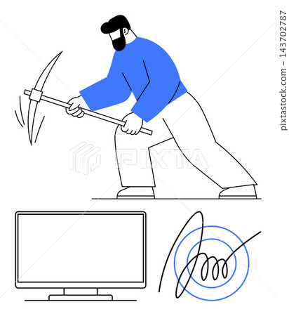 Cryptocurrency, blockchain, digital economy, mining operations, security validation, financial technology. Worker swinging a pickaxe, computer monitor and signature. Cryptocurrency and blockchain Cryptocurrency, blockchain, digital economy, mining operations, security validation, financial technology. Worker swinging a pickaxe, computer monitor and signature. Cryptocurrency and blockchain 143702787