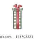 Tall gift box in green plaid, red bow. Hand-painted watercolor illustration isolated on white for Christmas packaging, holiday card, invitation, gift wrapping, festive branding, seasonal decor, design 143702823