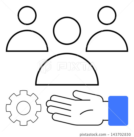 Business strategy, leadership, teamwork, collaboration, management, service. Hand next to gear and three abstract human figures. Business strategy and leadership ideas Business strategy, leadership, teamwork, collaboration, management, service. Hand next to gear and three abstract human figures. Business strategy and leadership ideas 143702830