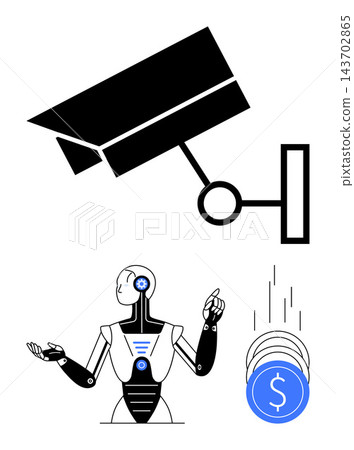Artificial intelligence, surveillance, technology advancement, security systems, finance automation, robotics. Minimalist design a robot below a CCTV camera with coins. Artificial intelligence 143702865